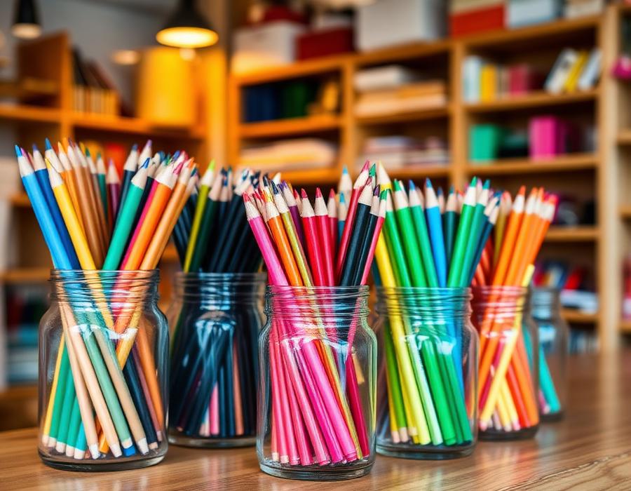 أقلام ملونة في المكتبة